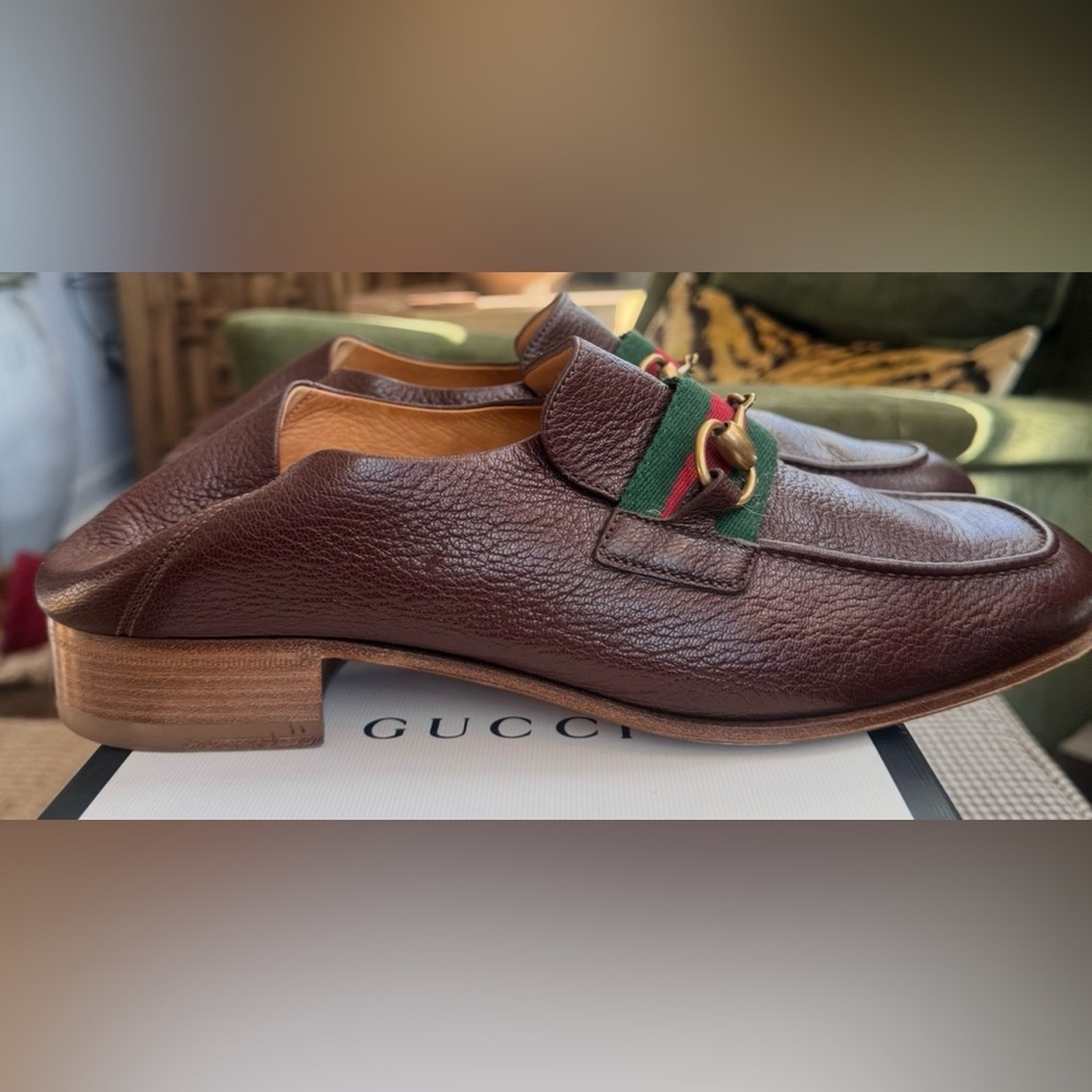 Gucci-Brown Leather Bonny Loafers-G/R/G Web,Gold HB & Collapsible Heel  10.5 - Picture 8 of 14